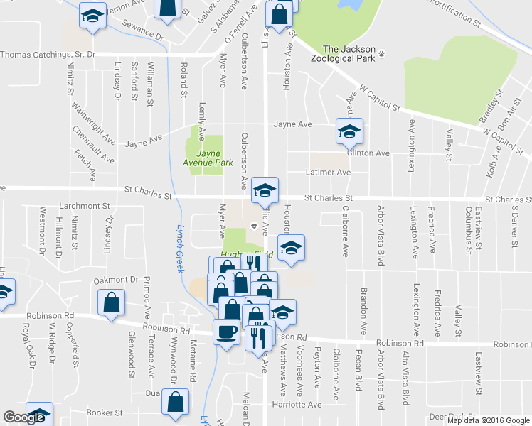 map of restaurants, bars, coffee shops, grocery stores, and more near 545 Ellis Avenue in Jackson
