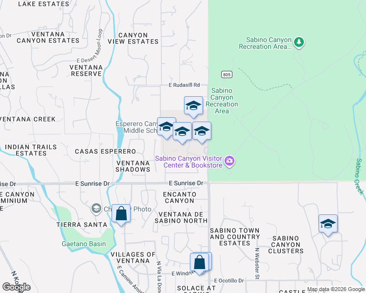 map of restaurants, bars, coffee shops, grocery stores, and more near 5725 North Sabino Canyon Road in Tucson