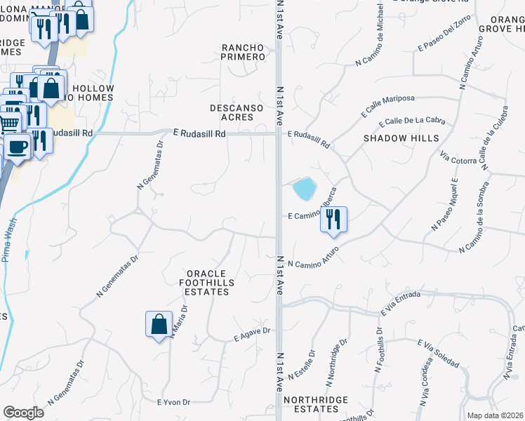 map of restaurants, bars, coffee shops, grocery stores, and more near 5775 North 1st Avenue in Tucson