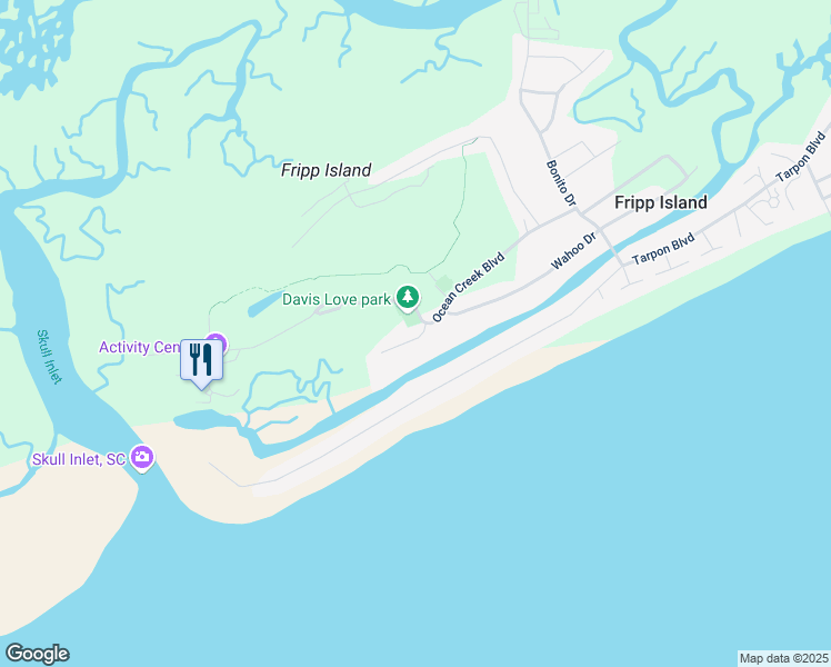 map of restaurants, bars, coffee shops, grocery stores, and more near 1 Crooked Creek Lane in Fripp Island
