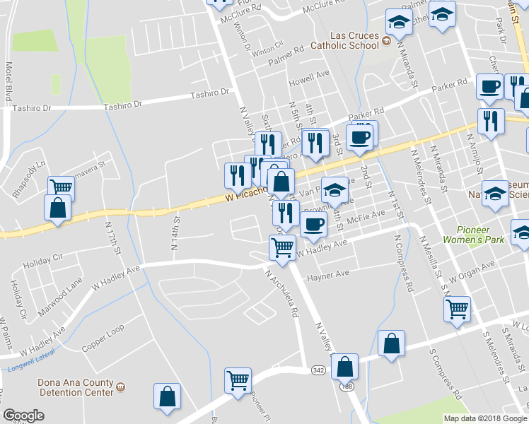 map of restaurants, bars, coffee shops, grocery stores, and more near 755 North Valley Drive in Las Cruces