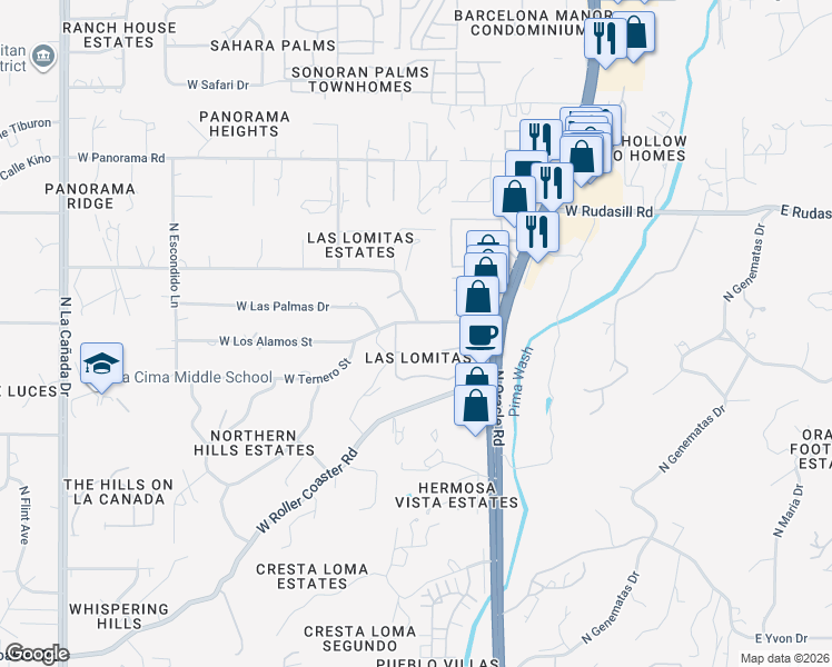 map of restaurants, bars, coffee shops, grocery stores, and more near 733 West Las Lomitas Road in Tucson