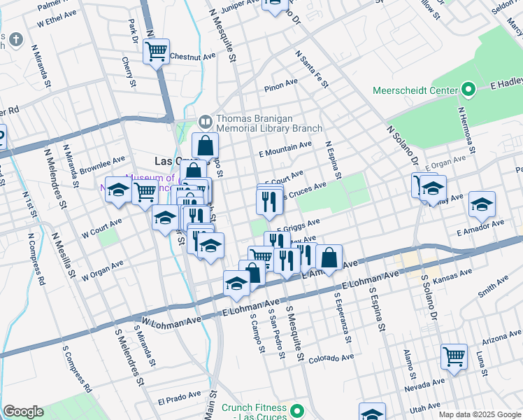 map of restaurants, bars, coffee shops, grocery stores, and more near 221 North Mesquite Street in Las Cruces