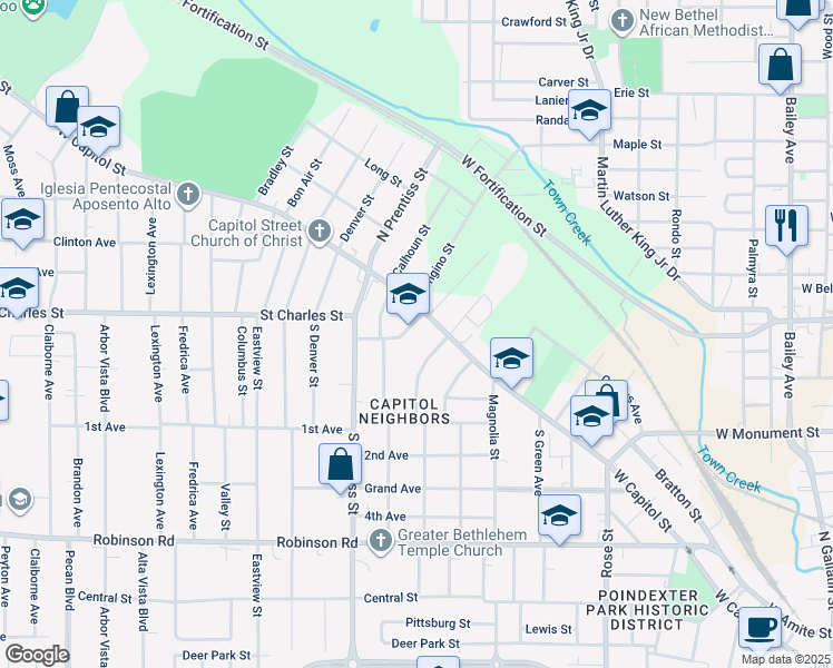 map of restaurants, bars, coffee shops, grocery stores, and more near 1593 West Capitol Street in Jackson