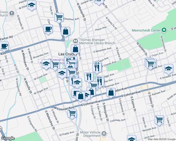 map of restaurants, bars, coffee shops, grocery stores, and more near 344 East Las Cruces Avenue in Las Cruces