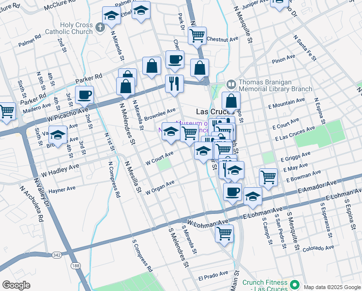 map of restaurants, bars, coffee shops, grocery stores, and more near 402 West Court Avenue in Las Cruces