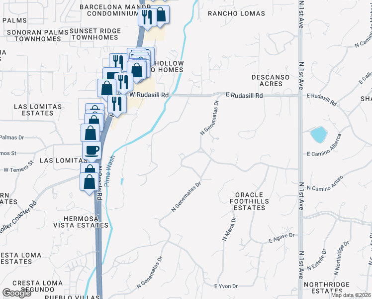 map of restaurants, bars, coffee shops, grocery stores, and more near 5717 North Genematas Drive in Tucson
