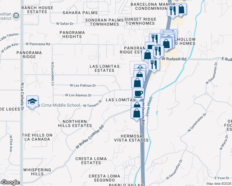 map of restaurants, bars, coffee shops, grocery stores, and more near 733 West Las Lomitas Road in Tucson