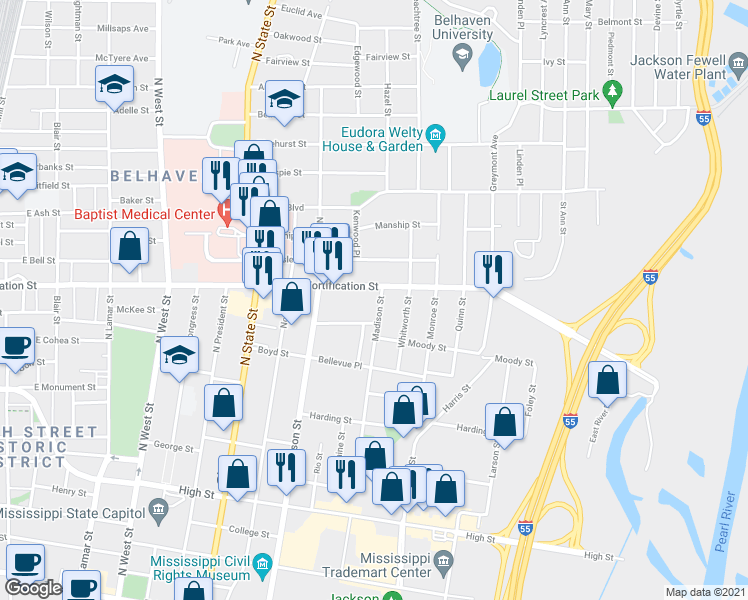 map of restaurants, bars, coffee shops, grocery stores, and more near 1038 Madison Street in Jackson