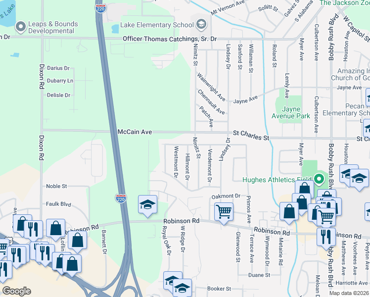 map of restaurants, bars, coffee shops, grocery stores, and more near 702 Hillmont Drive in Jackson