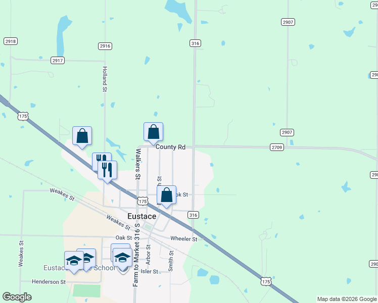 map of restaurants, bars, coffee shops, grocery stores, and more near 327 Farm to Market Road 316 in Eustace