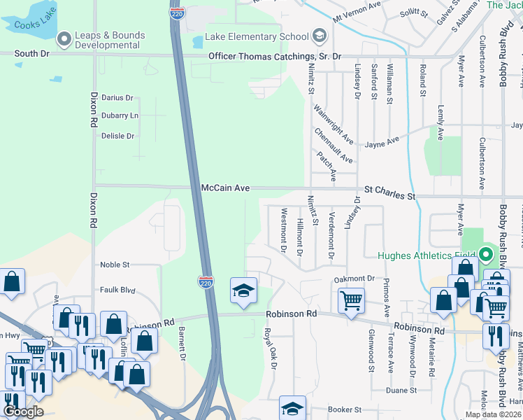 map of restaurants, bars, coffee shops, grocery stores, and more near 4605 Larchmont Street in Jackson