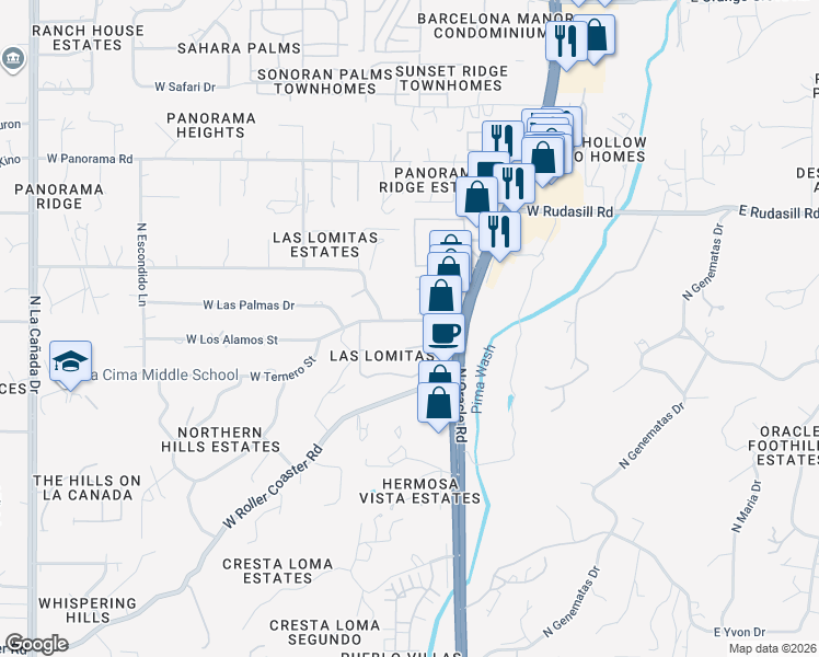 map of restaurants, bars, coffee shops, grocery stores, and more near 629 West Las Lomitas Road in Tucson