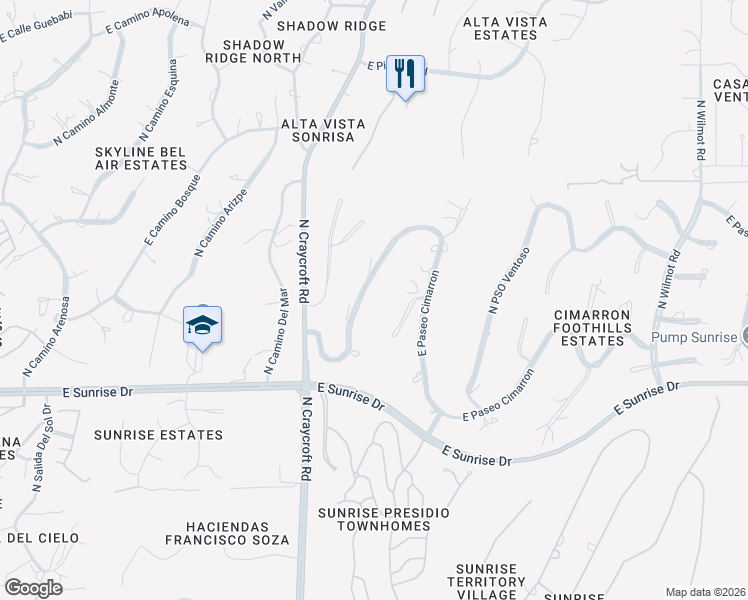 map of restaurants, bars, coffee shops, grocery stores, and more near 5572 East Paseo Cimarron in Tucson