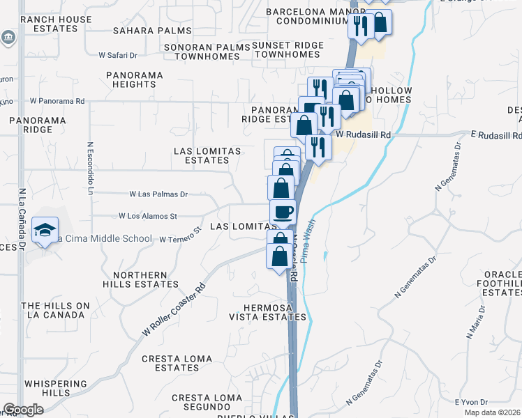map of restaurants, bars, coffee shops, grocery stores, and more near 637 West Las Lomitas Road in Tucson