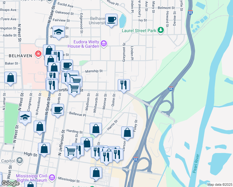 map of restaurants, bars, coffee shops, grocery stores, and more near 1055 Quinn Street in Jackson