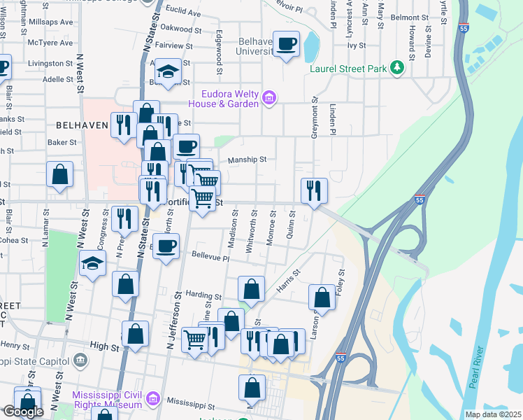 map of restaurants, bars, coffee shops, grocery stores, and more near 1046 Whitworth Street in Jackson