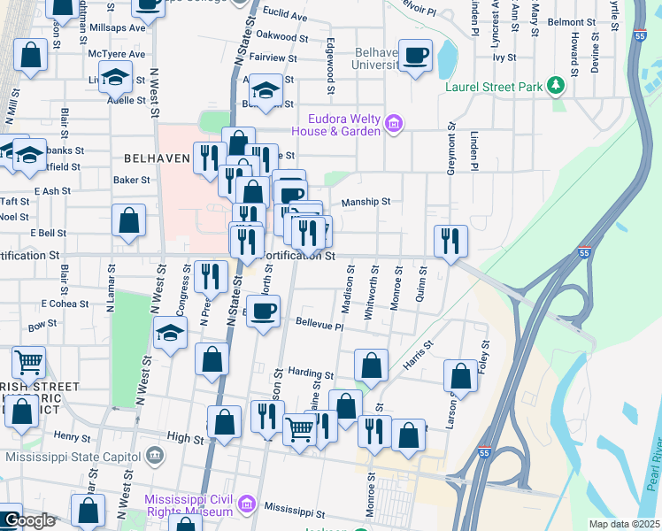 map of restaurants, bars, coffee shops, grocery stores, and more near 937 East Fortification Street in Jackson
