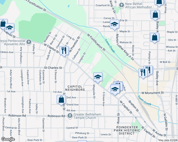 map of restaurants, bars, coffee shops, grocery stores, and more near 1550 West Capitol Street in Jackson