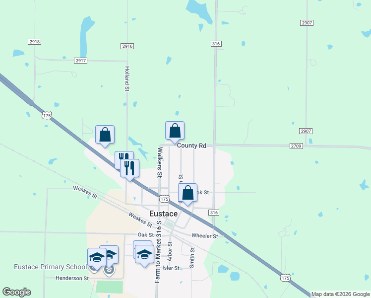 map of restaurants, bars, coffee shops, grocery stores, and more near 336 Meredith Street in Eustace