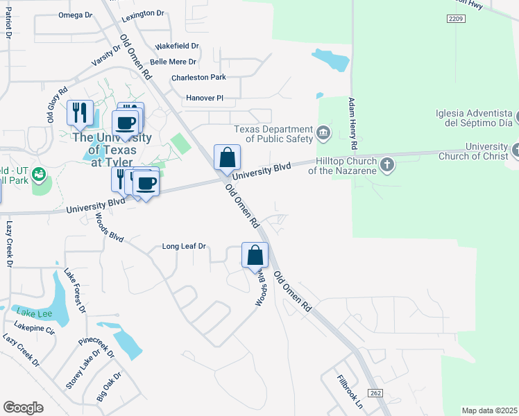 map of restaurants, bars, coffee shops, grocery stores, and more near 3500 Old Omen Road in Tyler