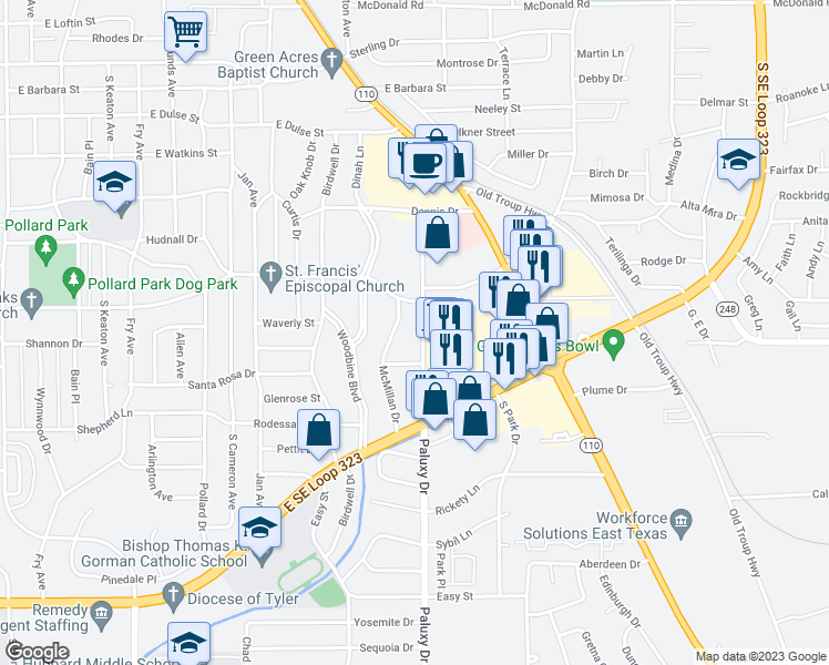 map of restaurants, bars, coffee shops, grocery stores, and more near 3325 Paluxy Drive in Tyler