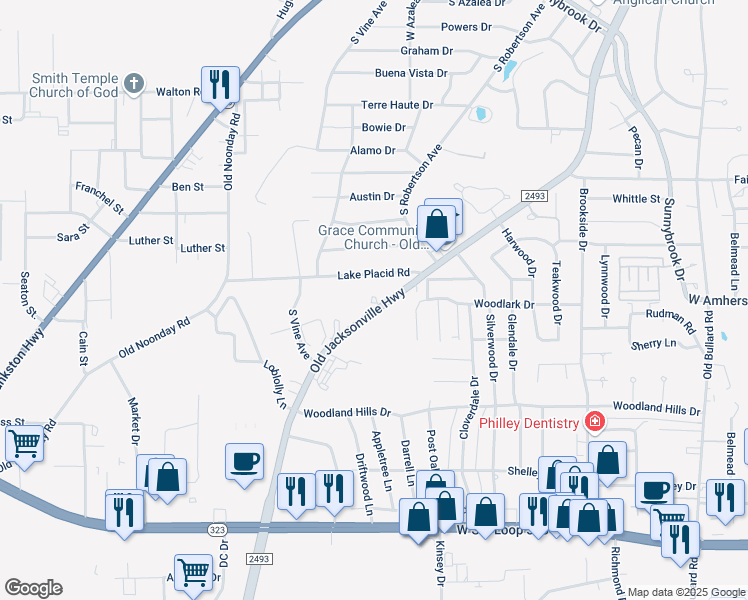map of restaurants, bars, coffee shops, grocery stores, and more near 3357 Old Jacksonville Highway in Tyler