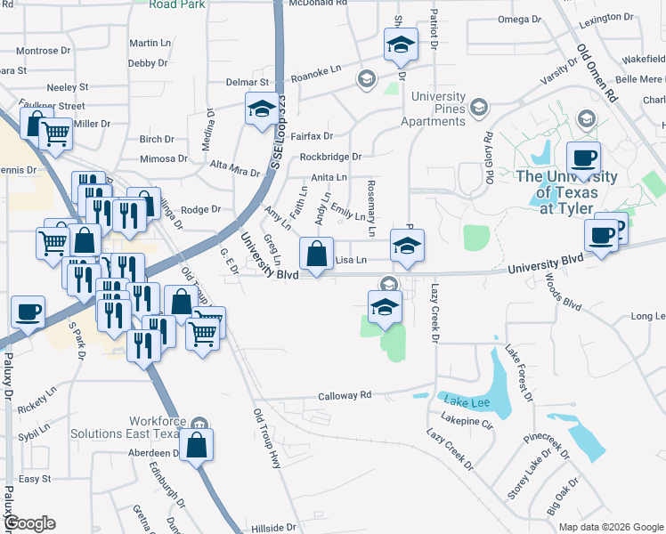 map of restaurants, bars, coffee shops, grocery stores, and more near 2701-2809 University Boulevard in Tyler