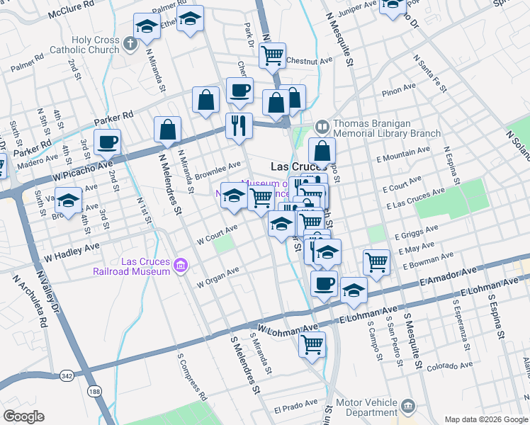 map of restaurants, bars, coffee shops, grocery stores, and more near 412 North Alameda Boulevard in Las Cruces