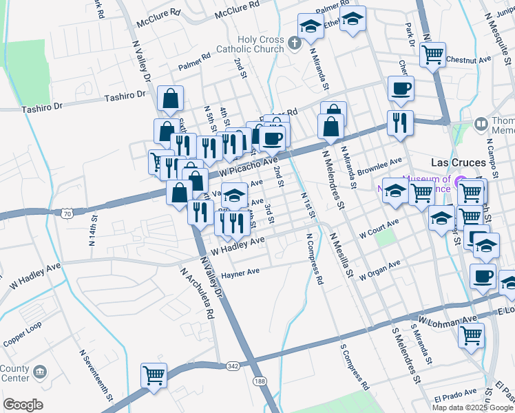 map of restaurants, bars, coffee shops, grocery stores, and more near 1048 McFie Avenue in Las Cruces