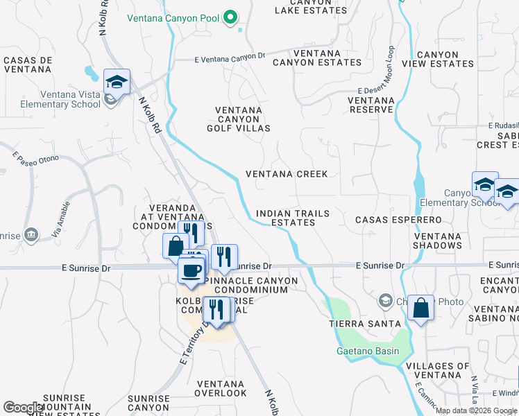 map of restaurants, bars, coffee shops, grocery stores, and more near 7130 Kiva Way in Tucson