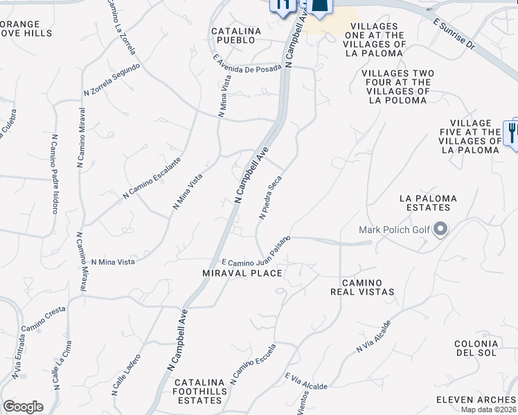 map of restaurants, bars, coffee shops, grocery stores, and more near 5745 North Piedra Seca in Tucson