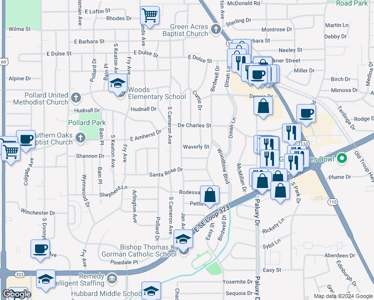 map of restaurants, bars, coffee shops, grocery stores, and more near 1409 Waverly Street in Tyler