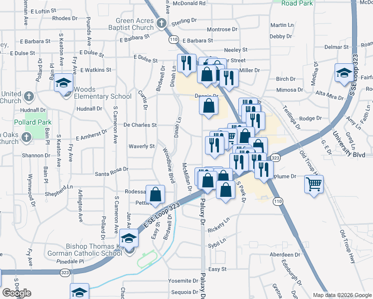map of restaurants, bars, coffee shops, grocery stores, and more near 3330 McMillan Drive in Tyler