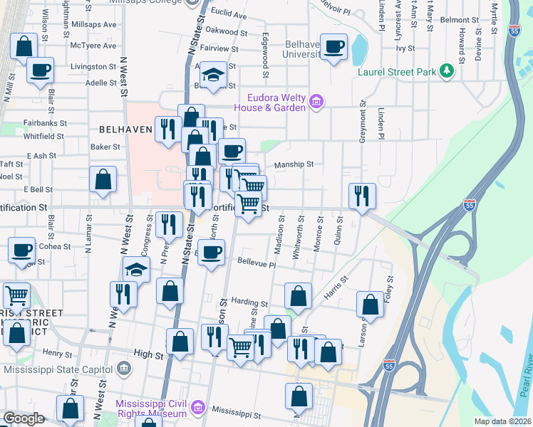 map of restaurants, bars, coffee shops, grocery stores, and more near 951 East Fortification Street in Jackson