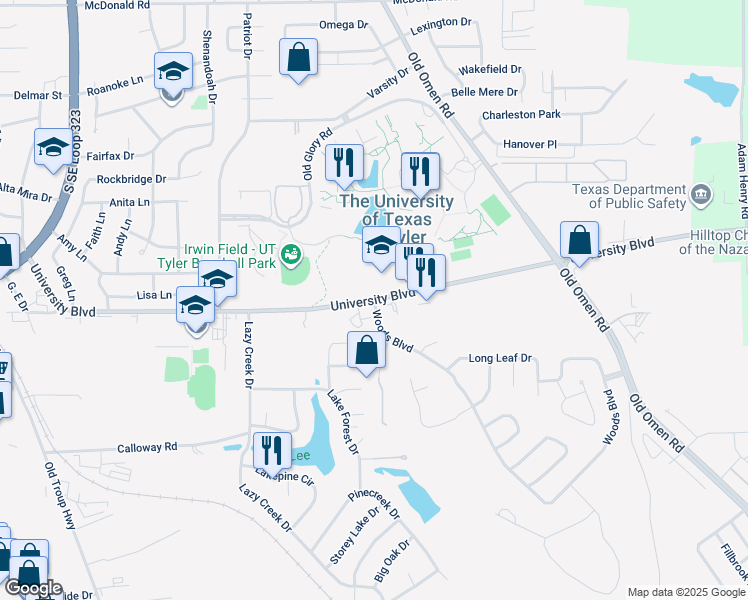 map of restaurants, bars, coffee shops, grocery stores, and more near 248 Spur in Tyler