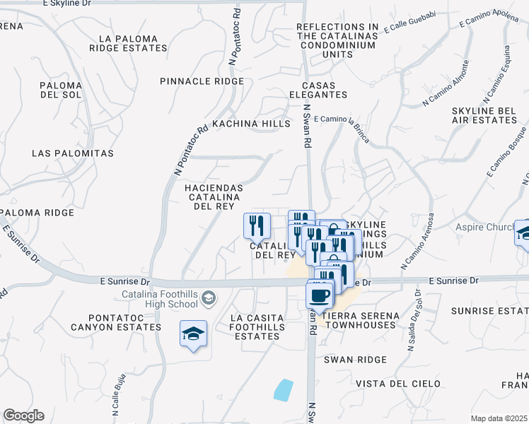 map of restaurants, bars, coffee shops, grocery stores, and more near 4574 East Camino de Oro in Tucson