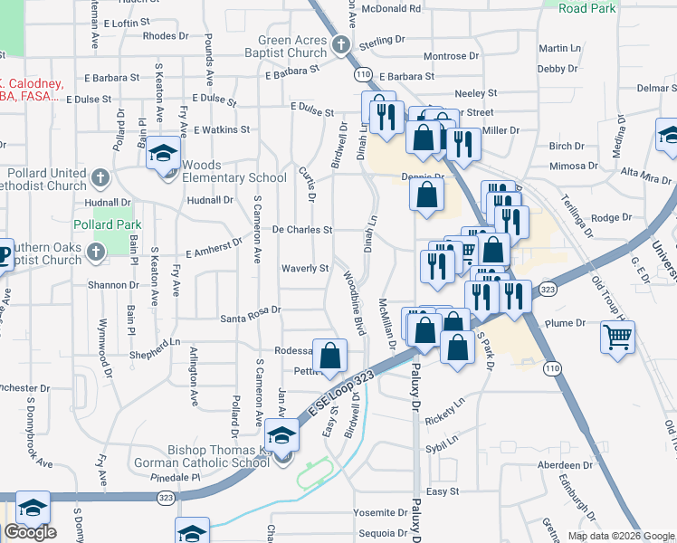map of restaurants, bars, coffee shops, grocery stores, and more near 3319 Woodbine Boulevard in Tyler