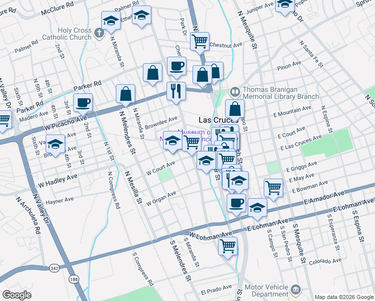 map of restaurants, bars, coffee shops, grocery stores, and more near 339 North Alameda Boulevard in Las Cruces