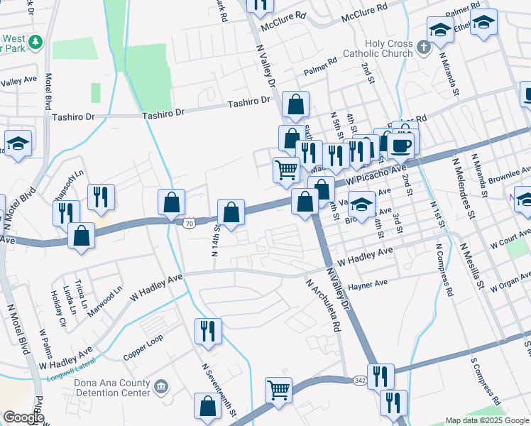map of restaurants, bars, coffee shops, grocery stores, and more near 1565 West Picacho Avenue in Las Cruces