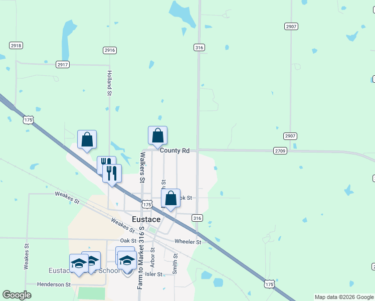 map of restaurants, bars, coffee shops, grocery stores, and more near 327 Farm to Market Road 316 in Eustace