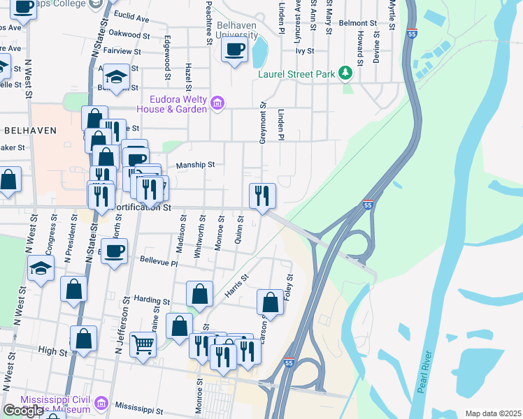 map of restaurants, bars, coffee shops, grocery stores, and more near 1156 Greymont Avenue in Jackson