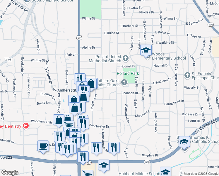 map of restaurants, bars, coffee shops, grocery stores, and more near 421 East Amherst Drive in Tyler