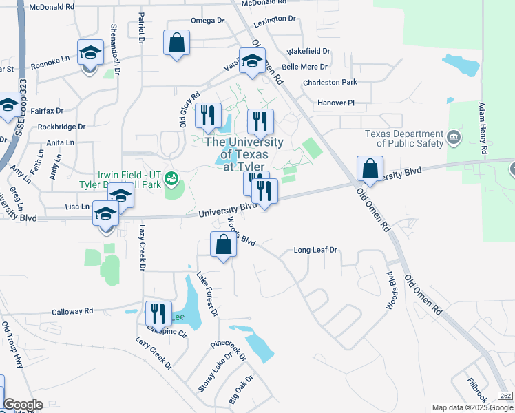 map of restaurants, bars, coffee shops, grocery stores, and more near Texas 248 Spur in Tyler