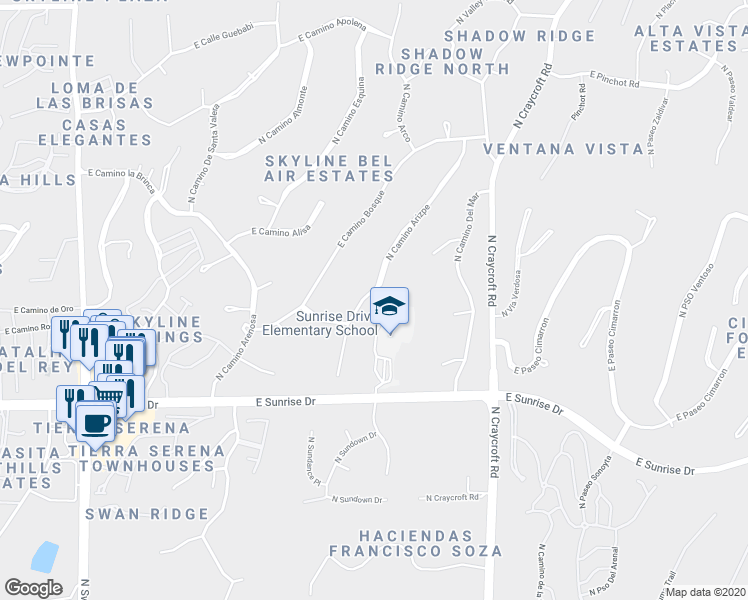 map of restaurants, bars, coffee shops, grocery stores, and more near 5822 North Camino Arizpe in Tucson