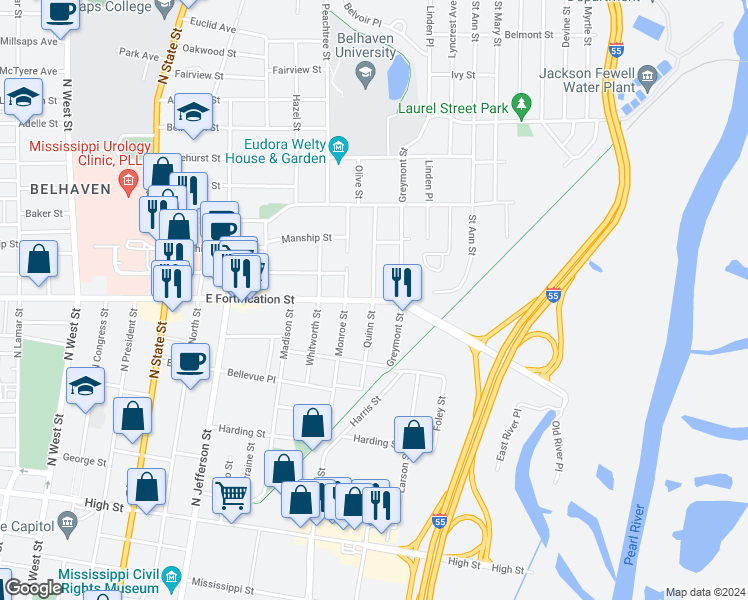 map of restaurants, bars, coffee shops, grocery stores, and more near 1115 Quinn Street in Jackson