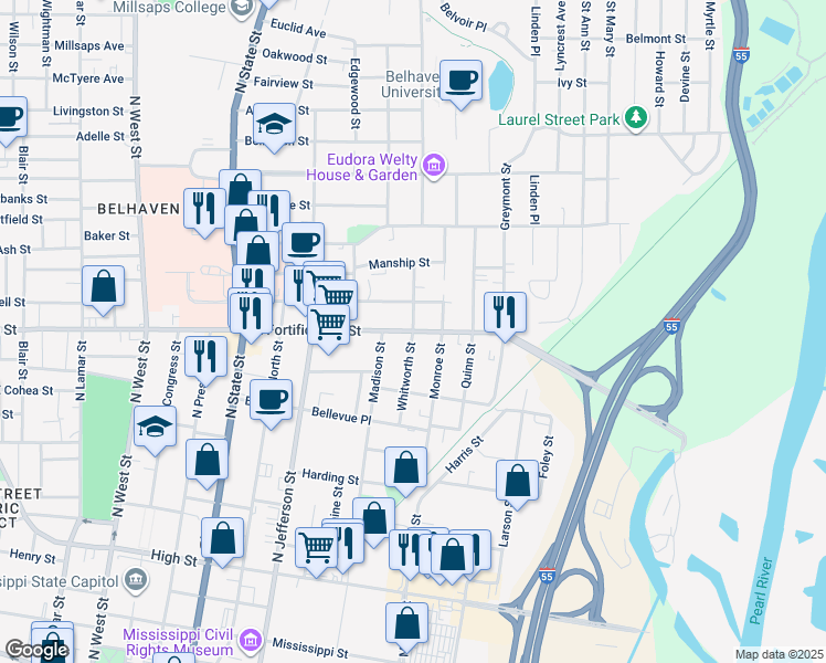 map of restaurants, bars, coffee shops, grocery stores, and more near 1099 Whitworth Street in Jackson