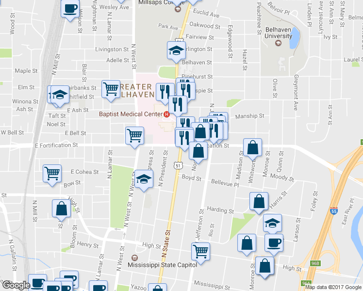 map of restaurants, bars, coffee shops, grocery stores, and more near East Fortification Street in Jackson