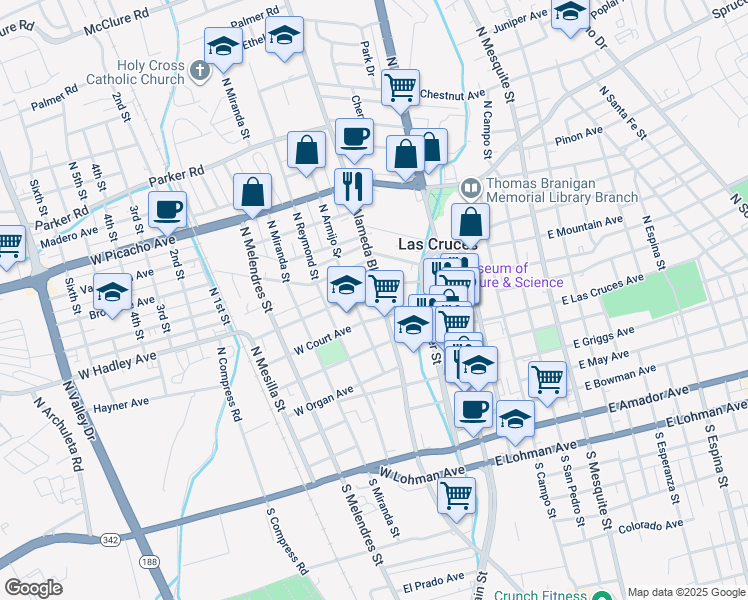 map of restaurants, bars, coffee shops, grocery stores, and more near 339 North Alameda Boulevard in Las Cruces
