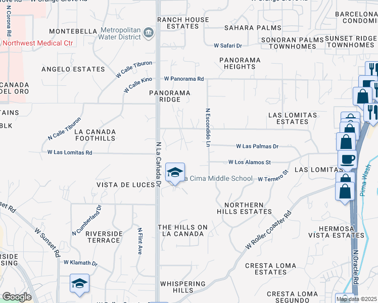 map of restaurants, bars, coffee shops, grocery stores, and more near 5600 North La Cañada Drive in Tucson